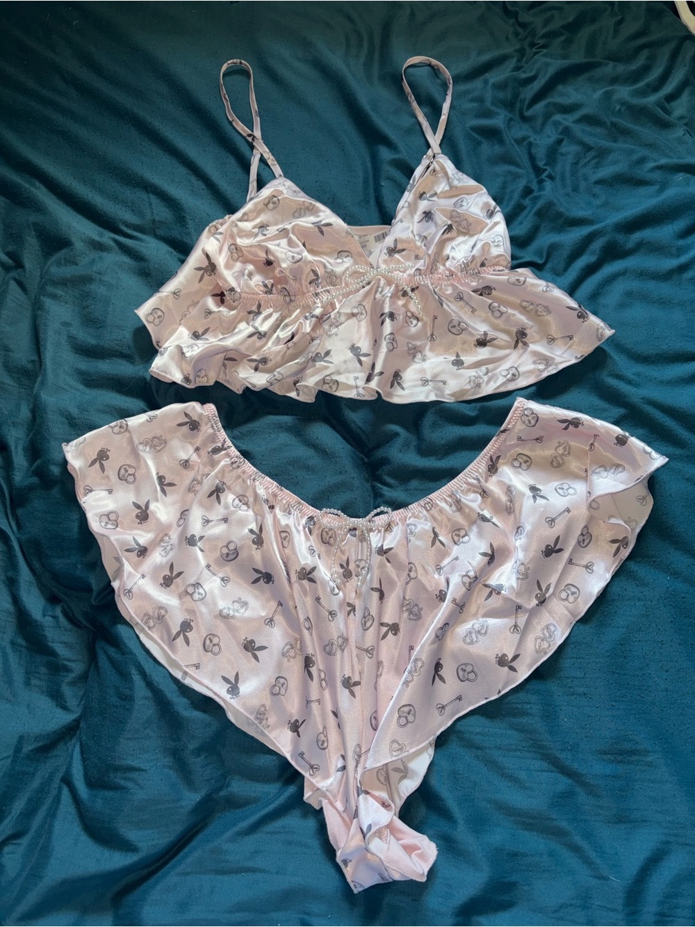 PLAYBOY Pink Satin Ruffled Lingerie Set